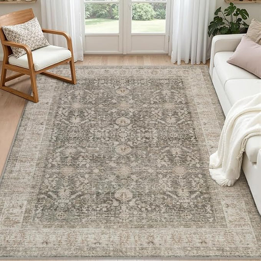 5x7 Area Rugs for Living Room: Vintage Boho Neutral Washable Rug Indoor Soft Large Area Rug Carpet for Bedroom Nursery Farmhouse Dining Room Office Floor Non-Slip Low Pile Under Table Rug Warm Taupe