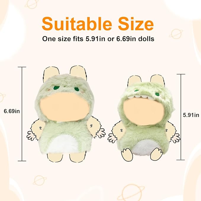 17cm (6.7 Inch) Doll Clothes – Soft Plush Animal Jumpsuit for Mini Keychain Dolls, Green Dinosaur Costume Outfit, Collectible Display Gift (Doll Not Included) (Green Dino 3D)