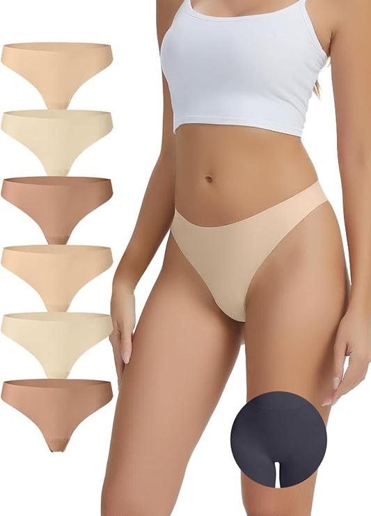 No Show Panty Liners Thongs Underwear for Women 6 Pack Breathable Soft Stretchy Seamless Thong Invisible Under Clothes