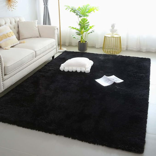 6x9 Black Shag Rug for Bedroom, Soft Plush Fluffy Washable Carpet | Black Area Rug for Living Room, College Dorm, Kids Nursery, Non Slip Shaggy Floor Carpet