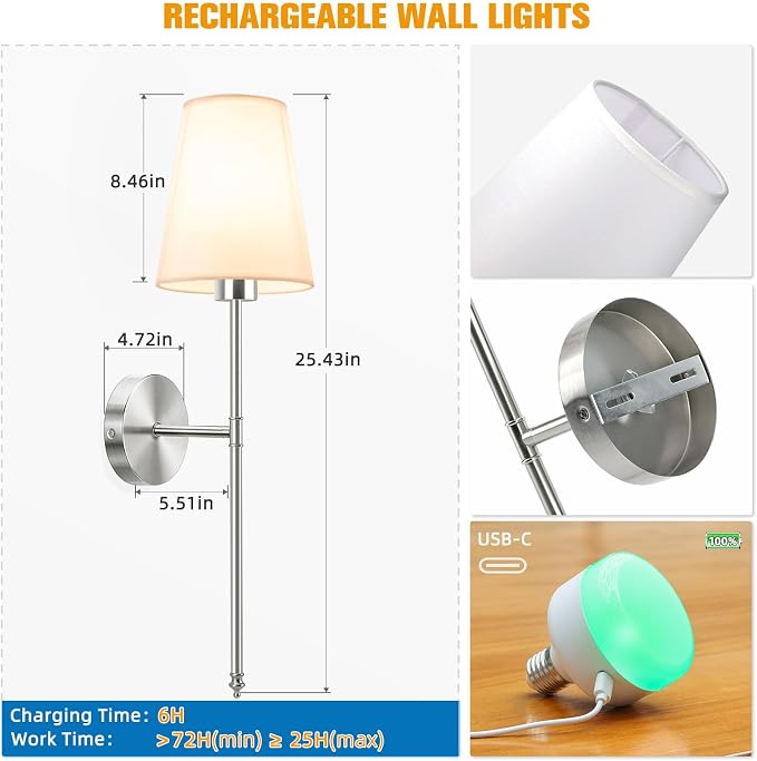 25.4 inch Brushed Nickel Battery Operated Wall Sconce Set of 2,Rechargeable Wall Lights with Dimmable Detachable Bulbs and Remote,9 Colors Wireless Sconces for Bedroom Living Room Hallway