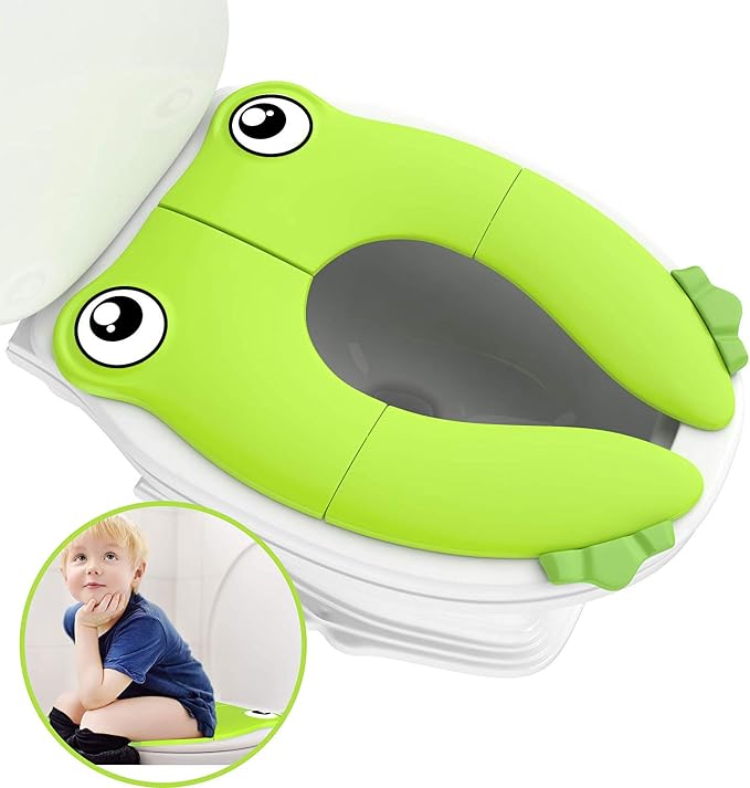 Toilet Potty Training Seat Cover, Travel Toilet Seat, Folding Non Slip Silicone Pads, Travel Portable Reusable Kids Toddlers Boys Girls, Carry Bag (Green - Frog)