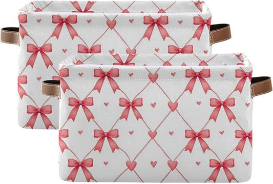 Aslsiy Storage Basket Watercolor Pink Bows Hearts Nursery Bins Baby Canvas Box Clothes Shelf Basket Laundry Hamper 2 Pcs