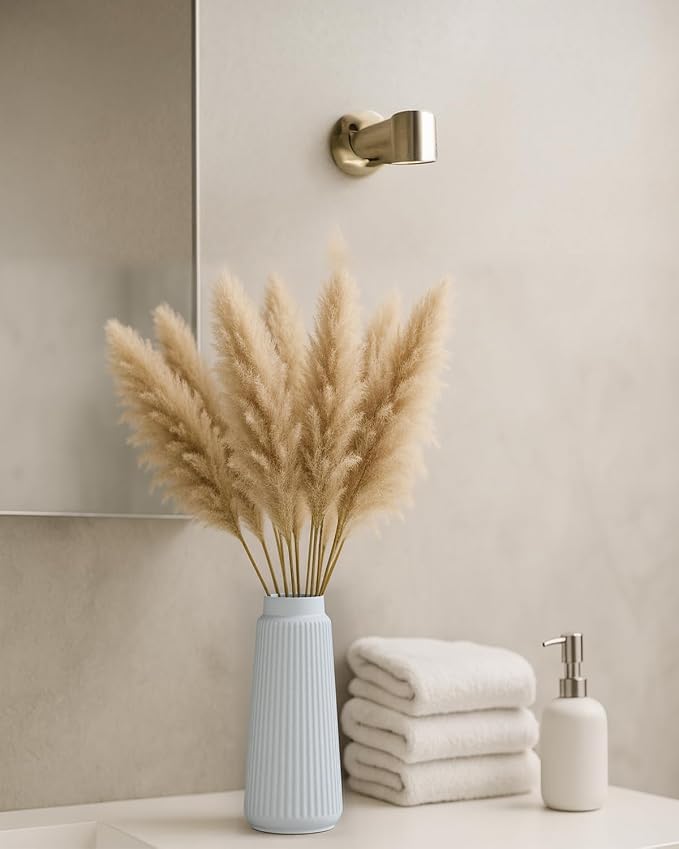 White Ceramic Vase, 8 Inch Conical Flower Vase for Pampas Grass, Modern Minimalist Ribbed Decorative Vase for Living Room Table, Shelf Decor
