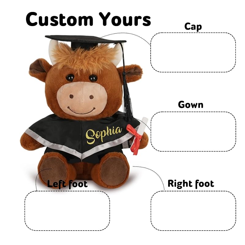 Custom Graduation Highland Cow with Name Date, Personalized 2025 Graduation Stuffed Animal for Kids Students, Cute Pre K Kindergarten High School College Grad Gift for Him/Her