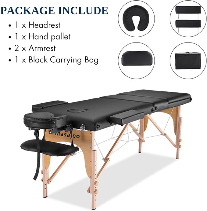 Portable Massage Table Massage Bed Professional SPA Reiki Eyelash Salon Bed, Wooden Frame Height Adjustment Accessories, Black (3-Section)