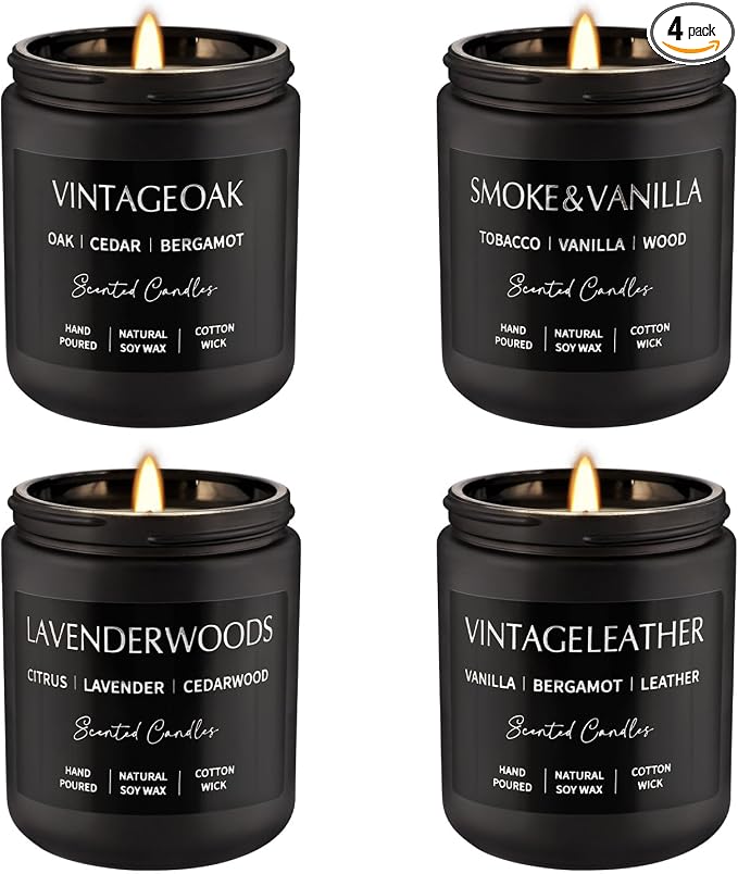 WPONSZU 4Psc Scented Candles Set,7oz Gifts for Men Aromatherapy,Soy Candle of Smokeless - Leather & Smoke, Vanilla Oakmoss, Lavender - Relaxing Fragrance for Home, Office, Yoga(Black)