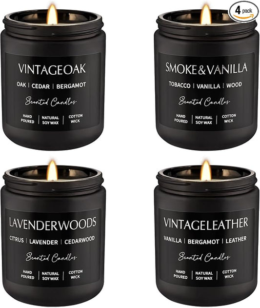 WPONSZU 4Psc Scented Candles Set,7oz Gifts for Men Aromatherapy,Soy Candle of Smokeless - Leather & Smoke, Vanilla Oakmoss, Lavender - Relaxing Fragrance for Home, Office, Yoga(Black)