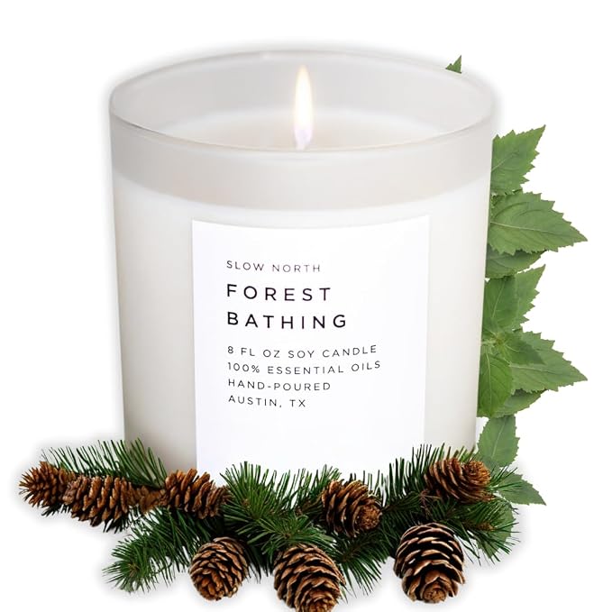 Slow North Forest Bathing Candle - Essential Oils and Pure Soy Wax Candle in a Reusable Frosted Glass Jar - A Unique and Mindful Scented Candle Hand-Poured in the USA (8 oz)