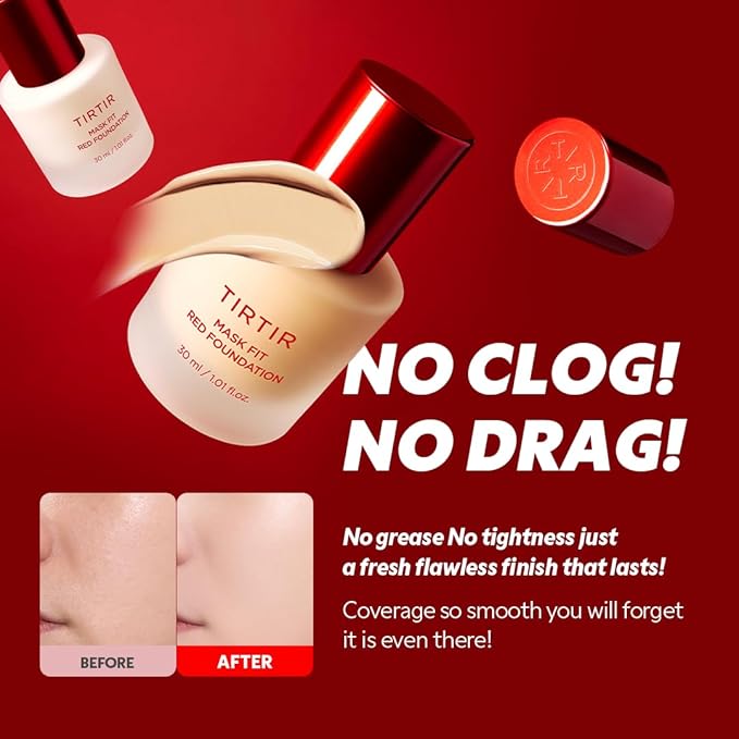 TIRTIR Mask Fit Red FoundationㅣLong Lasting Flawless Coverage, Energy Essence, Lightweight, Hydrating, Pore-Blurring, Breathable Satin Finish, Makeup, Radiant Skin, #30N Rich Honey, 1.01 Fl Oz
