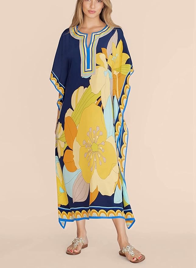 Venasha Womens Caftan Floral Print Kaftan Dress Short Sleeve Swimsuit Cover up Loungewear for Summer