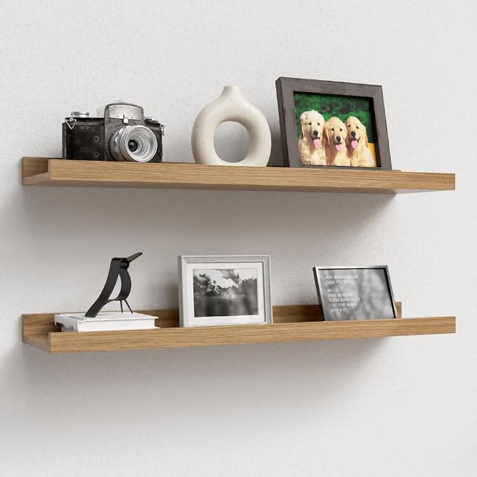 Boswillon Floating Shelves Set of 2, Long Wall Shelf with Lip, 24in, Oak | Display Ledge Shelf for Room Wall, Wall Decor Shelves for Bathroom, Living Room, Bedroom, Kitchen, Nursery Room, Rustic, Wood