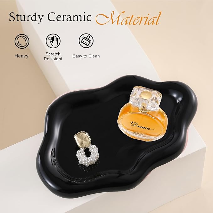 CCINPPY Ceramic Cloud Jewelry Tray Trinket Dish Key Bowl Nightstand Decor | Decorative Small Desk Tray Jewelry Plate Key Holder Bowl Cute Bedroom Room Decor Aesthetic, Gift for Women, Black Medium