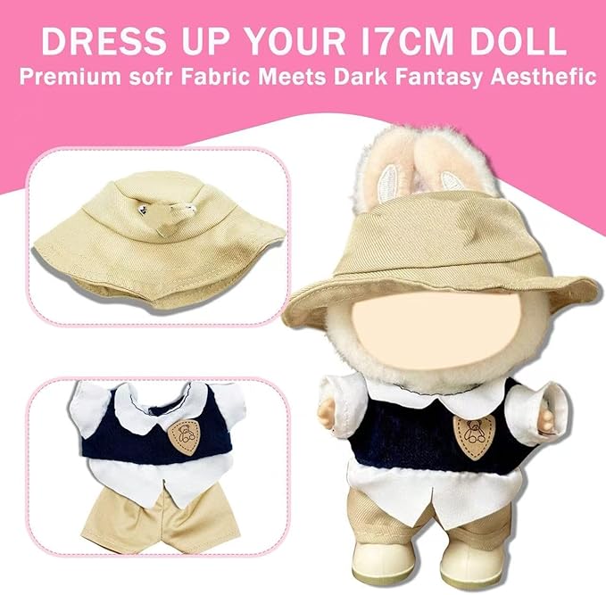 17cm Clothes Set(NO Doll),Hat & Overalls Set for 17cm Accessories Suit,Stylish Adorable Dolls Clothes Accessories,Cute Clothes for Dress up Unique Style (Apricot Prada)