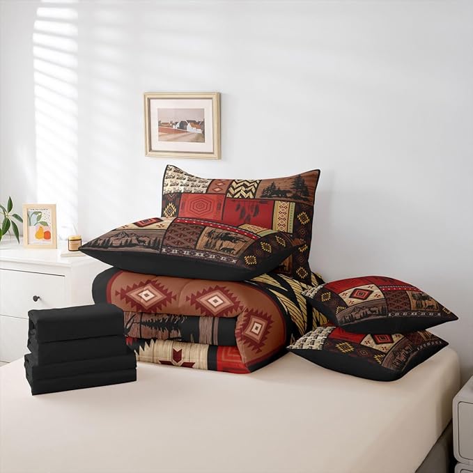 Feelyou Rustic Cabin Bear Comforter Set with Sheets 7 Piece King Size Farmhouse Hunting Deer Bed in a Bag Kids Boys Girls Retro Bohemian Bedding Set Buffalo Plaid Bedroom Decor Soft Microfiber