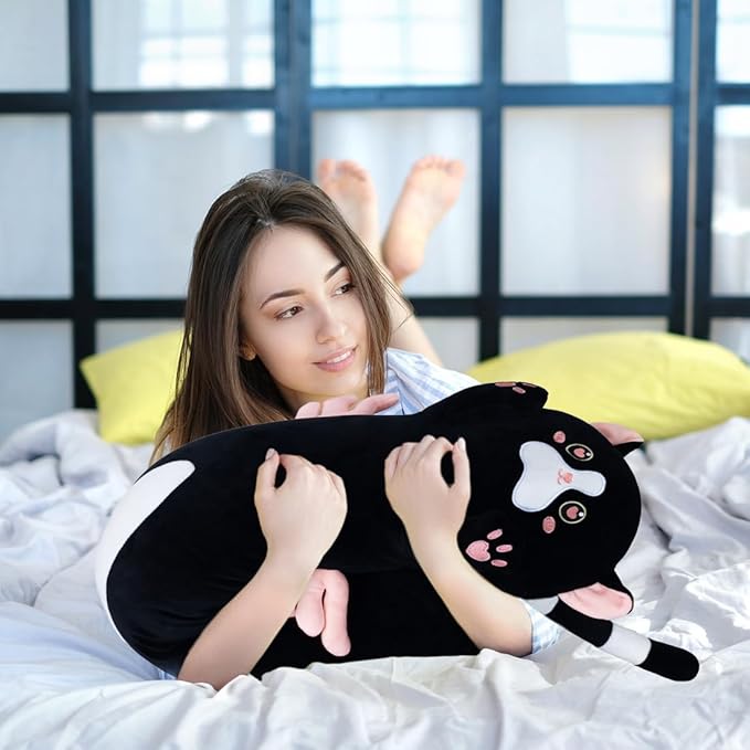 Long Plush Toy Cat Pillow Cute Plush Cat Toy Doll Stuffed Animal Cat Hugging Pillow for Sleeping Gift for Kids and Girls(Black&Pink,90cm/35.4in)