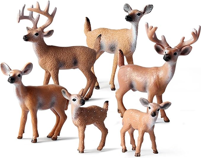 6 Pack Deer Figurines Toy, Forest Animals White-Tailed Deer Family Figures, Plastic Woodland Creature Cake Topper for Baby Shower Birthday Decoration