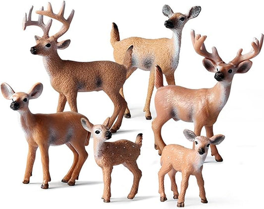 6 Pack Deer Figurines Toy, Forest Animals White-Tailed Deer Family Figures, Plastic Woodland Creature Cake Topper for Baby Shower Birthday Decoration
