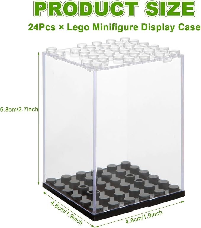 24 Pcs Minifigure Display Case, Acrylic Small Action Figure Toys Storage Case, 2.7”×1.9”×1.9” Stackable Building Block Display Case for Minifigure, Action Figures