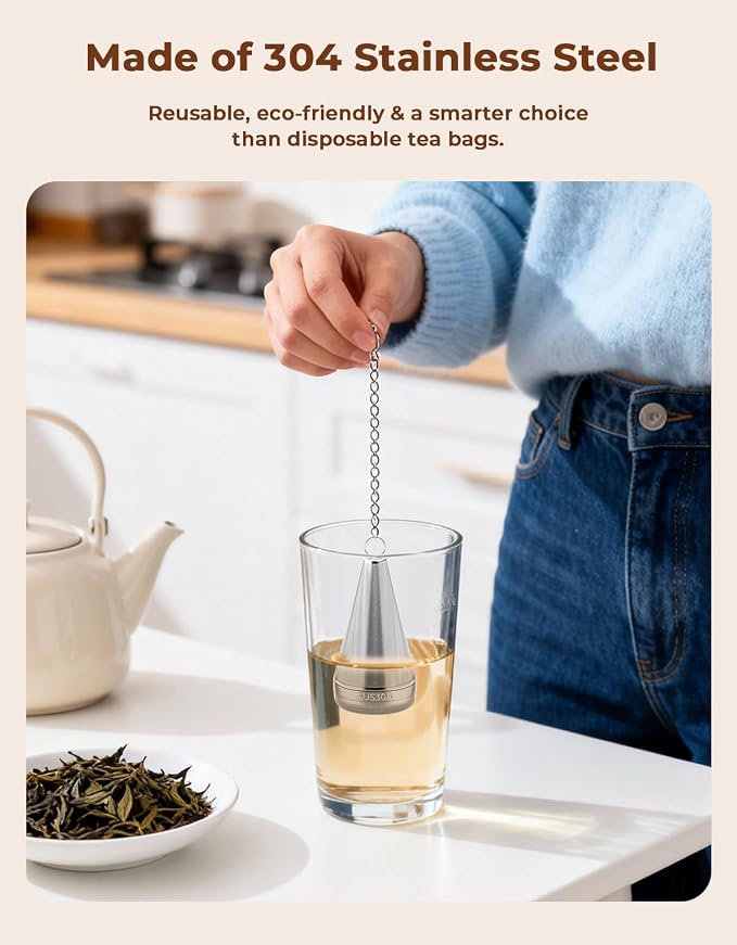 2 Pack Cone Tea Infusers for Loose Leaf Tea, 304 Stainless Steel Tea Strainer Fine Mesh, 1.8” x 3” Loose Leaf Tea Steeper with a Drip Tray