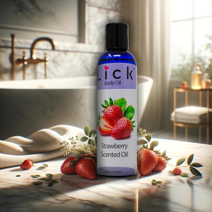 LICK Strawberry Fruit Scented Body Oil – Lightweight Daily Moisturizer with Almond Oil & Vitamin E – 4 oz