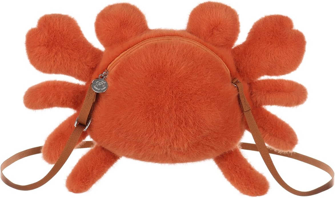 Apricot Lamb Happy Crab Shoulder Bag Shaped Crossbody Plush Shoulder Bag for Kids, Teen Girls Boys, Stuffed Animal Purse, Kids Fashion Handbags, 7.9 Inches