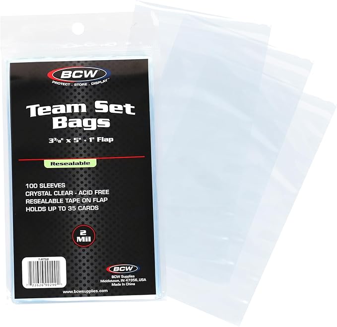 BCW Resealable Team Set Bags – 100 Count | Holds 35 Loose Cards or 5 Standard 35pt Toploaders | Fits Magnetics up to 108pt | Acid-Free Team Bags for Trading Cards & Shipping