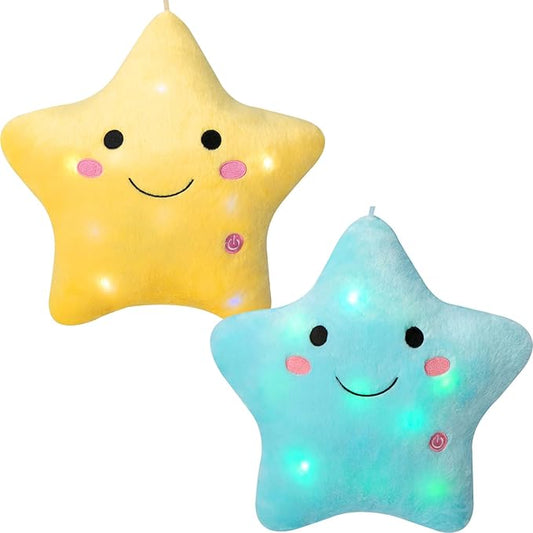 DearSun Set of 2pcs, 13'' Creative Twinkle Star Colorful Night Light Plush Pillows Light up Night Stuffed Toys Perfect for Birthday Christmas Holiday Valentines (Yellow+Blue)