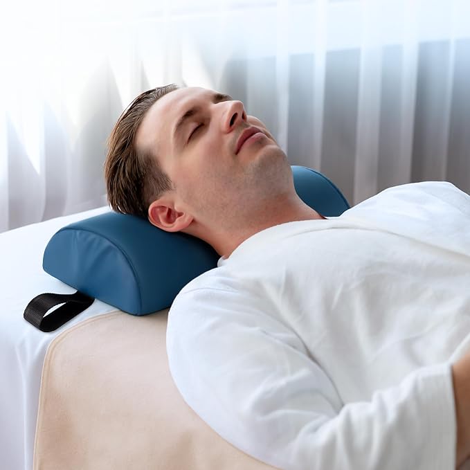 Half Round Massage Bolster for Neckrest, 17 x 6 x 4 in PU Leather Neck Pillow with Strap Handle, Comfortable Half Moon Bolster Pillow for Legs Under Knees Back Pain Relief Massage Table Bolsters, Blue