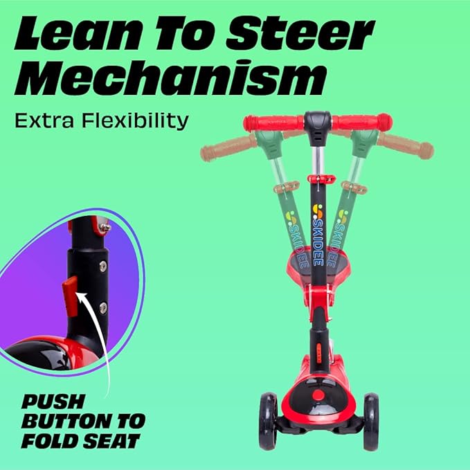 SKIDEE Kick Scooter for Kids Foldable 3 Wheel Scooter with Lean-to-Steer, Adjustable Height, Removable Seat & LED Light Wheels | Toddler Scooter Up to 12 Year Old Boys/Girls