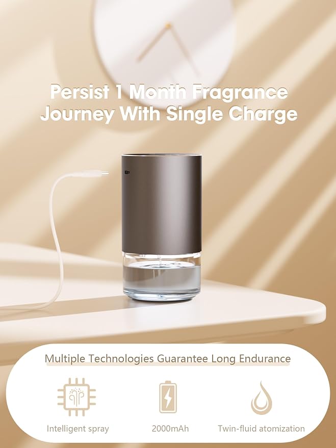 Waterless Essential Oil Diffuser, Rechargeable Aromatherapy Scent Diffusers for Home, Car, Bedroom, Office, 1/2/4/8-Hour Timer, 100ml Capacity, 4 Mist Levels, Metal Black