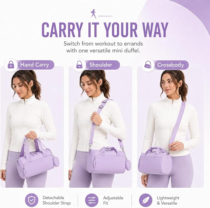 BTOOP Mini Gym Bag for Women, 12-Inch Small Duffle Bag with Wet Pocket and Coin Purse, Lightweight Water-Resistant Workout Bag for Yoga, Pilates, Dance and Travel (B-Purple)