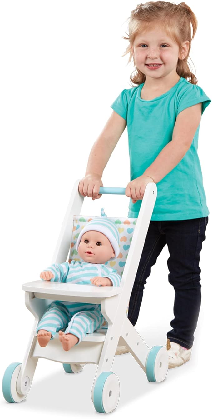Melissa & Doug Mine to Love Wooden Play Stroller for Dolls and Stuffed Animals up to 20 Inches Tall - White