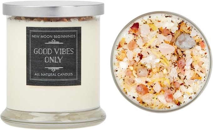 Good Vibes Only Candle by New Moon Beginnings - Negative Energy Cleansing - Soy Aromatherapy Candle - Handmade with Crystals & Herbs (12oz Round Glass Jar)