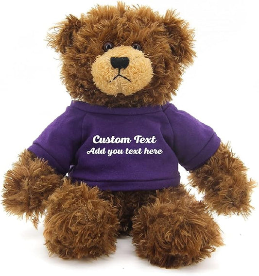 Customized Chocolate Brandon Bear - 12 inch Personalized Stuffed Bear Plush Toy - Perfect Custom Shirt Bear Gift for Graduation Valentines Graduation Easter Holidays (Purple Shirt)