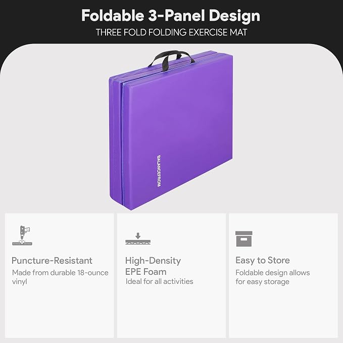 BalanceFrom 6x2 Feet 3-Panel Folding Gymnastics Mat – 2-Inch Thick Pad with Vinyl Surface and Carrying Handles for Tumbling, Yoga, Pilates, Home Workouts, and Martial Arts