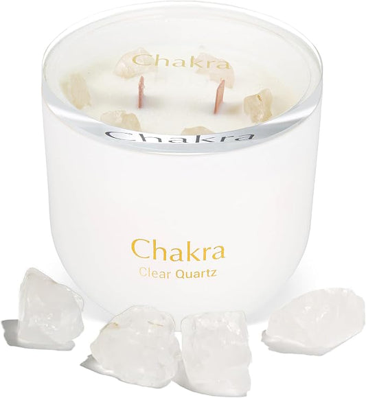 Hidden Label Crystal Candle for Libra, Clear Quartz 12oz 2 Wood Wicks Crackling Candles Manifestation Candles with Crystals Inside, Chakra Collection Healing Scented Candles