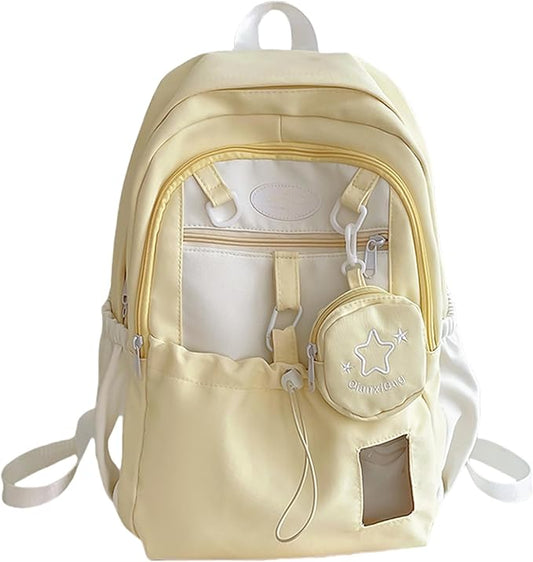 Kawaii Backpack Double Shoulder Bag with Cute Star Removable Pouch Small Clear Front Pocket Large Capacity Fits 16" Laptop Dopamine Colors Daypack (Yellow)