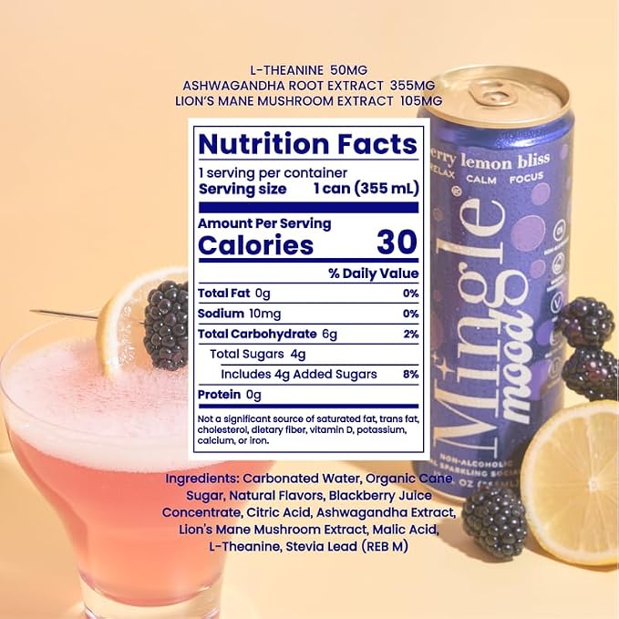 Mingle Mocktails Berry Lemon Bliss, Nootropic Non Alcoholic Drinks with Ashwagandha, L-Theanine, Lion's Mane, Adaptogens, Alcohol Alternative Pre-Mixed Mocktails, Gluten Free Vegan, 24 Pack 12 fl oz