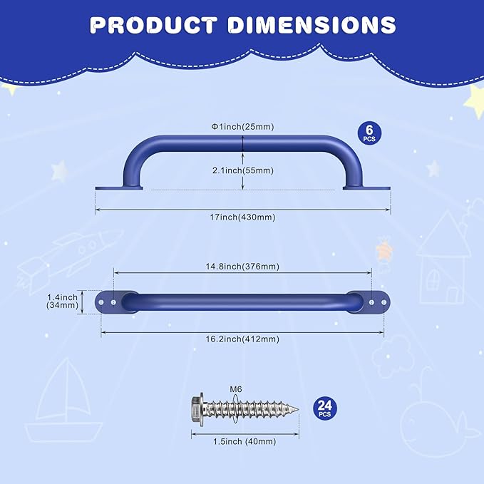 Dolibest 6 Pack 17-Inch Safety Handle, Heavy Duty Metal Safety Playground Handles, Indoor Monkey Bars, Playset Grab Handles for Kids Playhouse, Climbing Frame, Treehouse, Swing Set Accessories -Blue