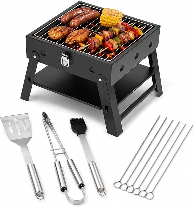 Small Portable BBQ Charcoal Grill: Mini Foldable Table Top Barbecue Grills | with Stainless Steel BBQ Grilling Tool Set, Fathers Day Birthday Grilling Gift for Men Dad Husband