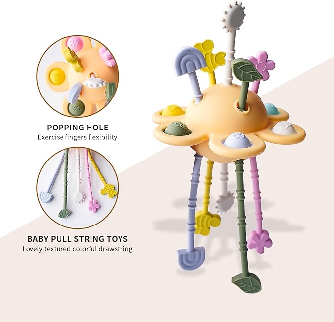 Food Grade Silicone Pull String Baby Toy, Montessori Pull String Sensory Toy for 18 Months Babies Teething Toys,Toddler Fidget Toys Birthday Gift for Infant/Toddler(Yellow)