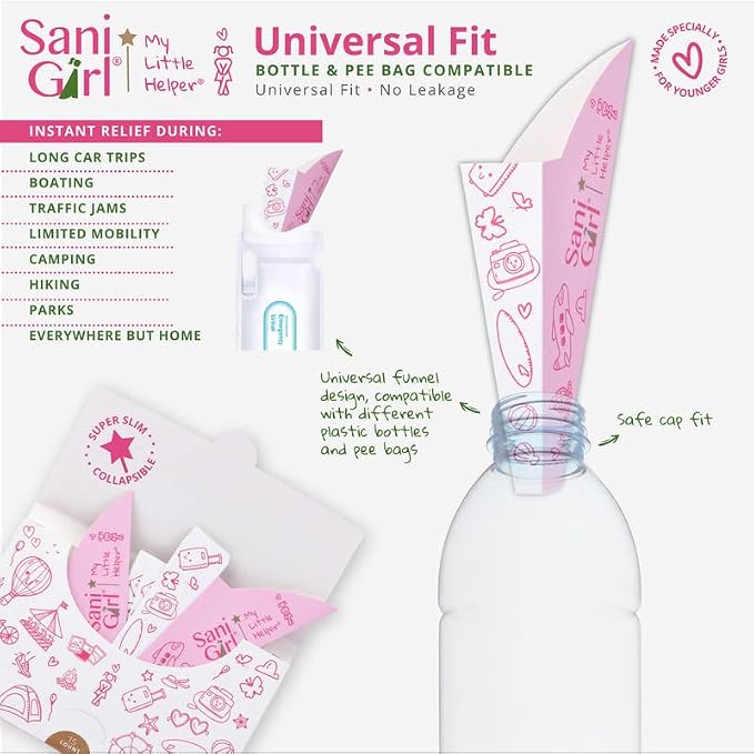 SanGirl My Little Helper Girl Pee Funnel | Disposable Pee Funnel | Pee Cup for Kids | Girl Urinal Portable | Travel Potty Aid for Girls to Stand to Pee and Stay Neat Clean On the Go (Pack of 15)