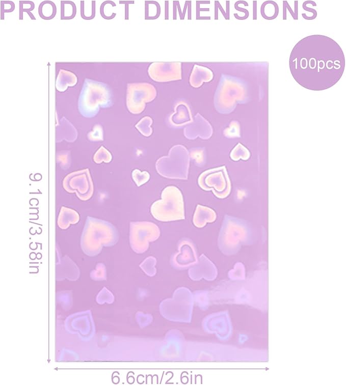 100pcs Holographic Colors Card Sleeves, 3.58x2.6in/91x66mm Colored Heart-Shaped Flashing Card Sleeves for Mini Polaroid Photocard Collectible Protection(Purple)