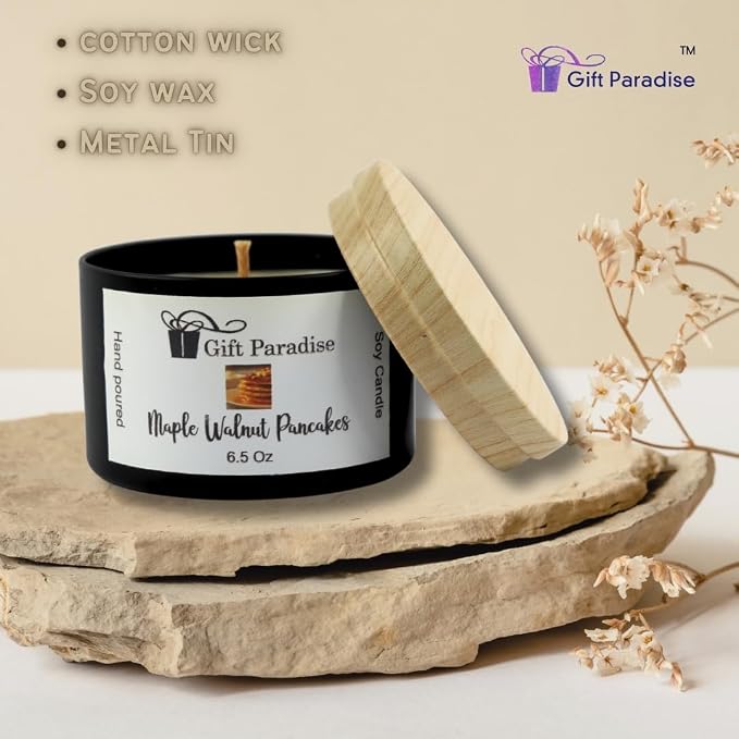 Soy Wax Candle in Black Metal Tin, 6.5 oz, Cotton Wick (6.5 oz, Maple Walnut Pancakes)