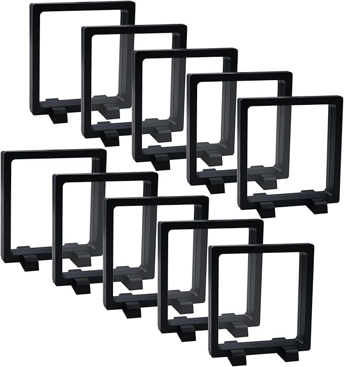 10Pcs Coin Holder Challenge Coin Display Stand, Black 3D Floating Display Case for AA Coin Medallions Jewelry Rock Gem Arrowhead Collecting and Display (4.3×4.3×0.8 inches)