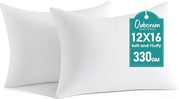Oubonun 12 x 16 Throw Pillow Inserts | Soft, Plush & Decorative Down Alternative Pillows for Couch Sofa Bed, Machine Washable - White, Pack of 2