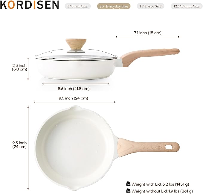 Kordisen Ceramic Nonstick Frying Pan Skillet with Lid, 9.5 Inch Cooking Pan | Non Toxic, Healthy Coating, Induction Compatible, Heat Resistant Handle, PFOA & PFAS Free