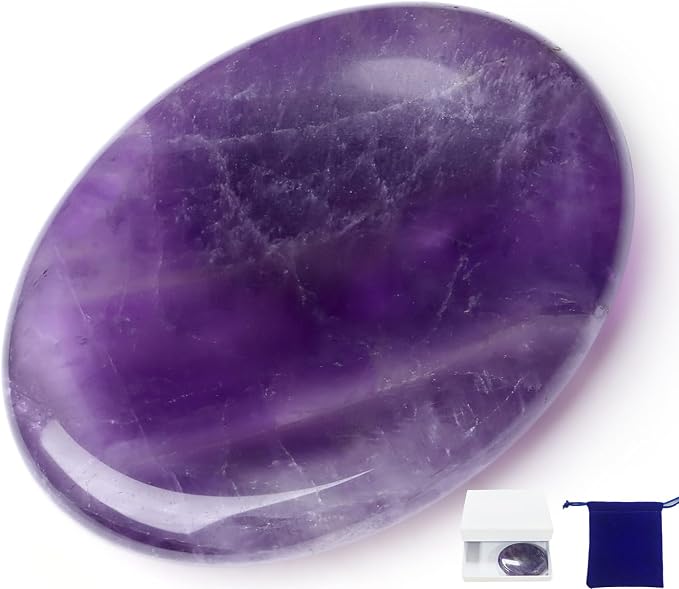 Thumb Worry Stone Amethyst Crystal Rock Crystals and Healing Stones Oval Natural Fidget Meditation Accessories Gemstones Trinkets Pocket Stress Relief Gifts Anxiety Relief Items for Women Men
