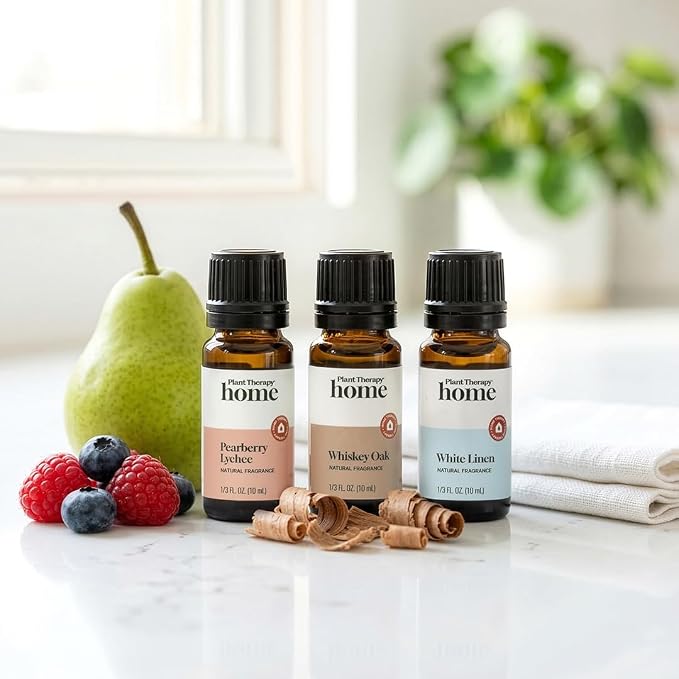 Plant Therapy Home Natural Fragrance Set of 3, Pearberry Lychee, Whiskey Oak, & White Linen 10 mL (1/3 oz) Each